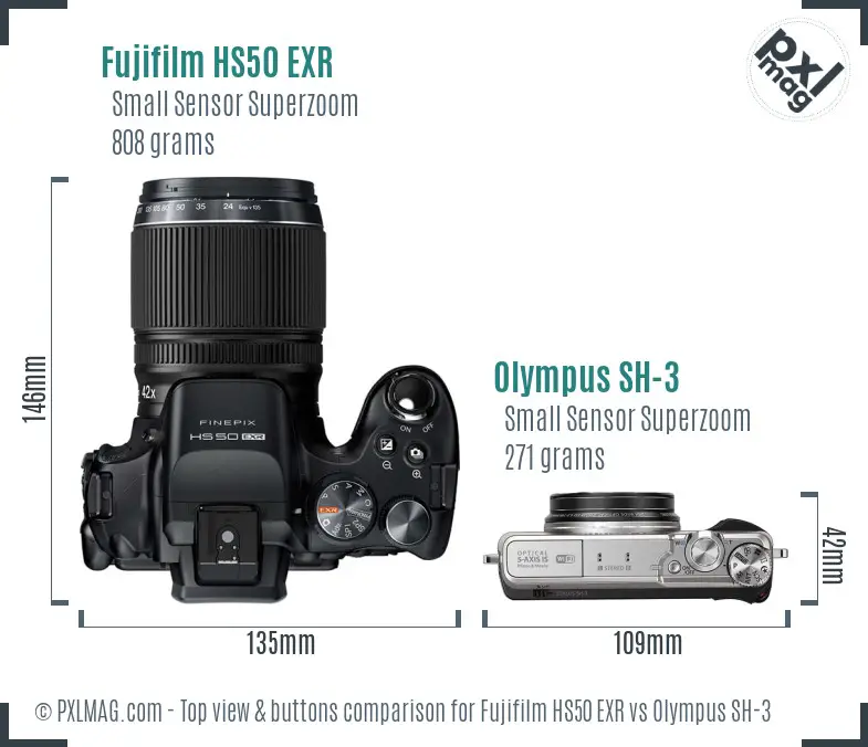 Fujifilm HS50 EXR vs Olympus SH-3 top view buttons comparison