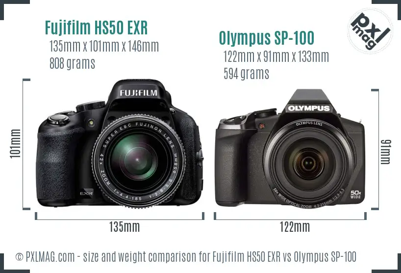 Fujifilm HS50 EXR vs Olympus SP-100 size comparison
