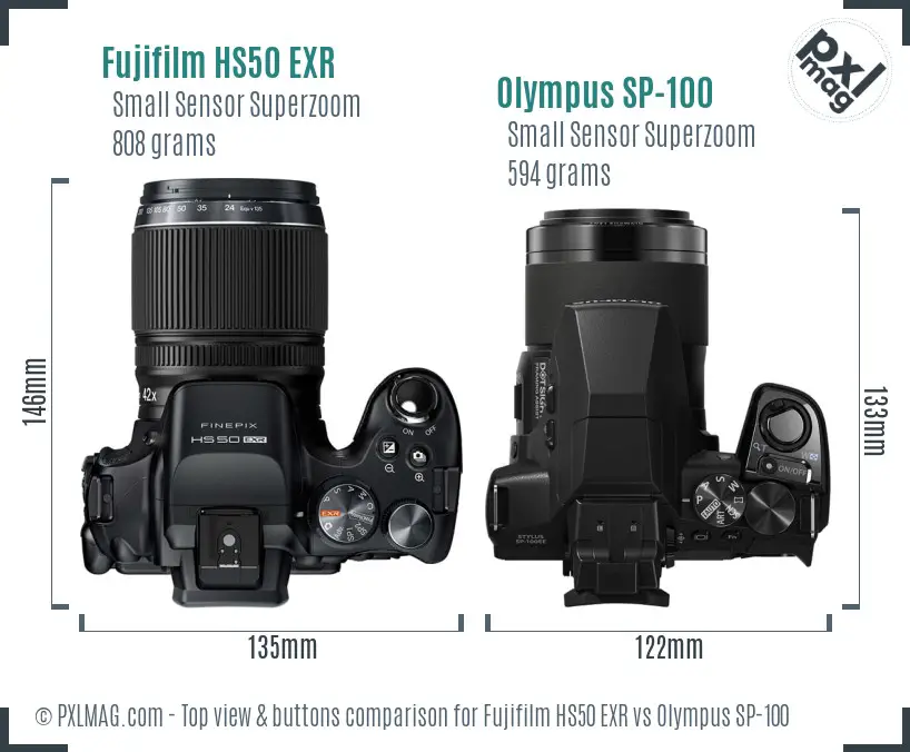 Fujifilm HS50 EXR vs Olympus SP-100 top view buttons comparison