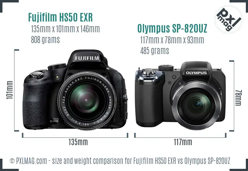 Fujifilm HS50 EXR vs Olympus SP-820UZ size comparison Fujifilm HS50 EXR vs Olympus SP-820UZ size comparison