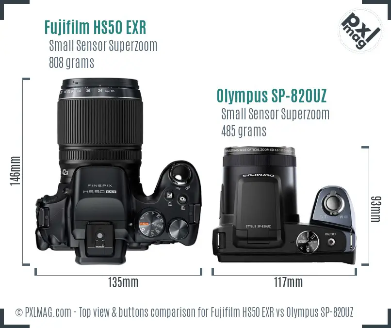 Fujifilm HS50 EXR vs Olympus SP-820UZ top view buttons comparison Fujifilm HS50 EXR vs Olympus SP-820UZ top view buttons comparison