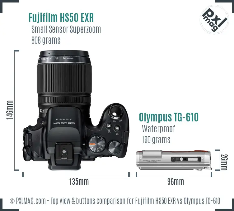 Fujifilm HS50 EXR vs Olympus TG-610 top view buttons comparison
