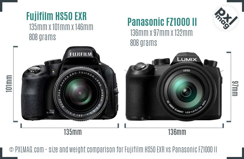 Fujifilm HS50 EXR vs Panasonic FZ1000 II size comparison