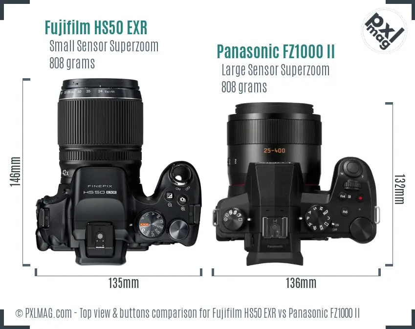 Fujifilm HS50 EXR vs Panasonic FZ1000 II top view buttons comparison