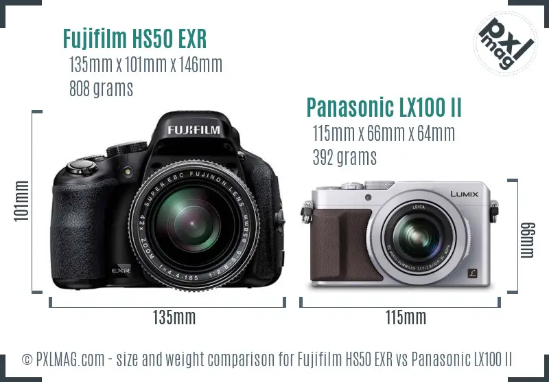 Fujifilm HS50 EXR vs Panasonic LX100 II size comparison