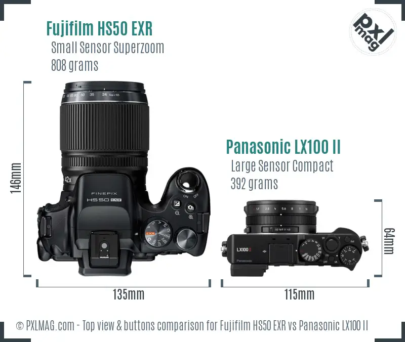 Fujifilm HS50 EXR vs Panasonic LX100 II top view buttons comparison