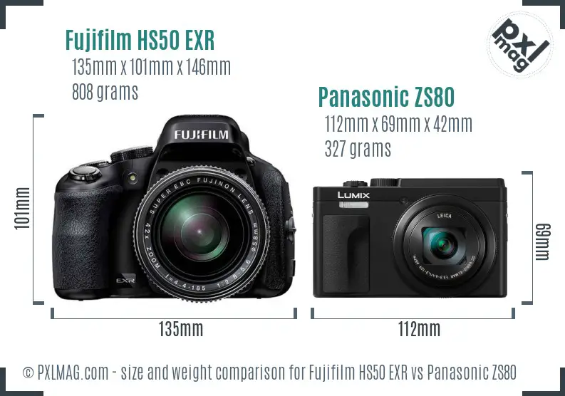 Fujifilm HS50 EXR vs Panasonic ZS80 size comparison