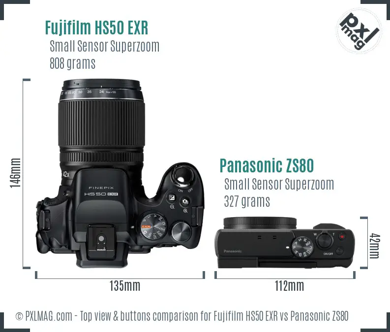 Fujifilm HS50 EXR vs Panasonic ZS80 top view buttons comparison