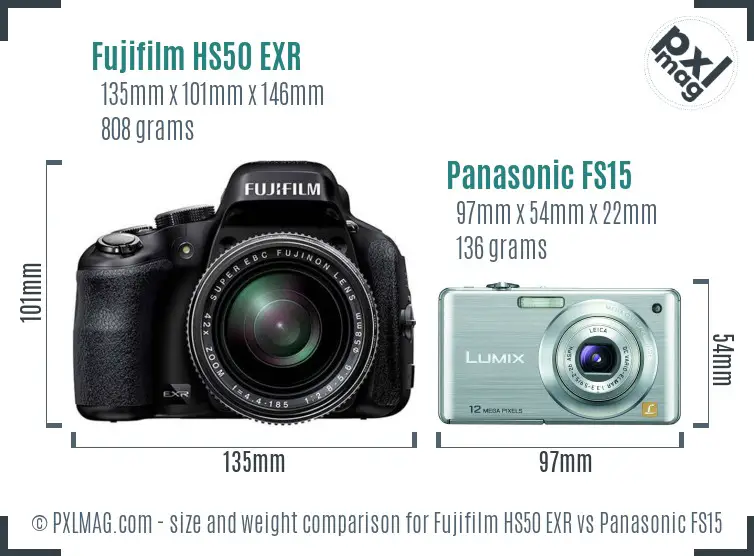 Fujifilm HS50 EXR vs Panasonic FS15 size comparison