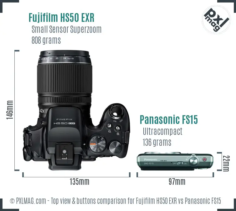 Fujifilm HS50 EXR vs Panasonic FS15 top view buttons comparison