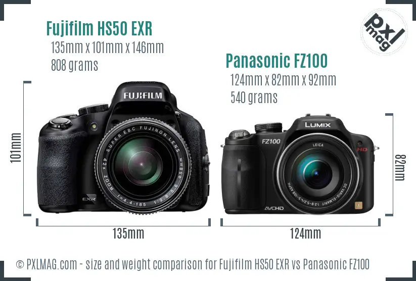 Fujifilm HS50 EXR vs Panasonic FZ100 size comparison