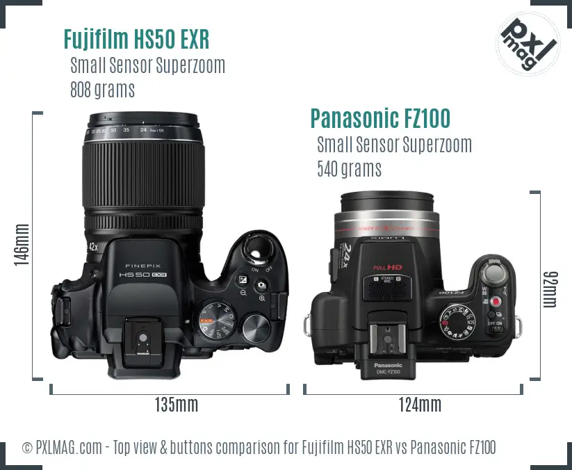 Fujifilm HS50 EXR vs Panasonic FZ100 top view buttons comparison
