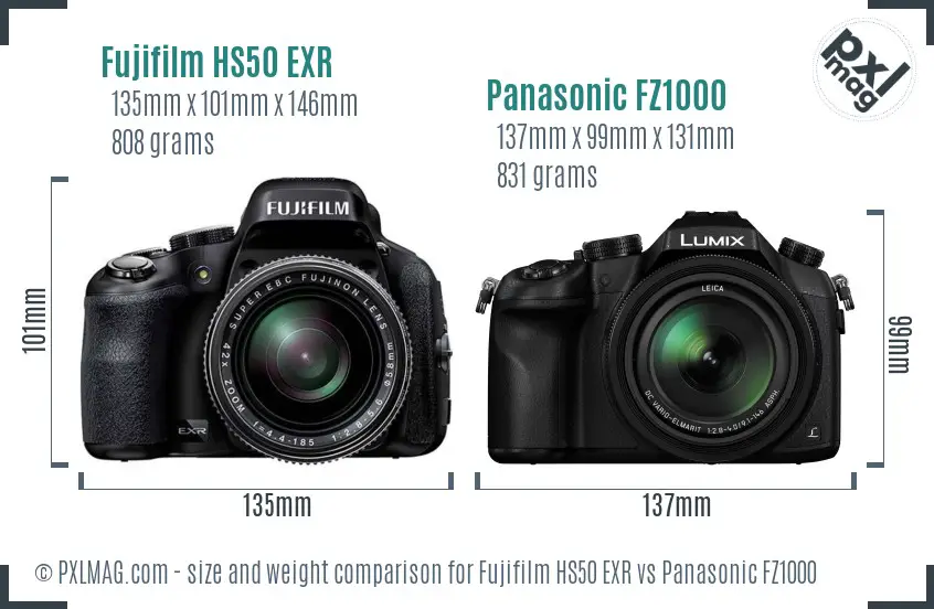 Fujifilm HS50 EXR vs Panasonic FZ1000 size comparison
