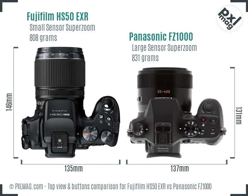Fujifilm HS50 EXR vs Panasonic FZ1000 top view buttons comparison