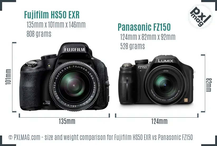 Fujifilm HS50 EXR vs Panasonic FZ150 size comparison