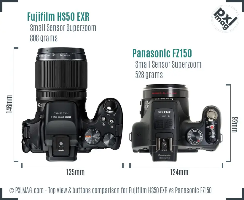 Fujifilm HS50 EXR vs Panasonic FZ150 top view buttons comparison