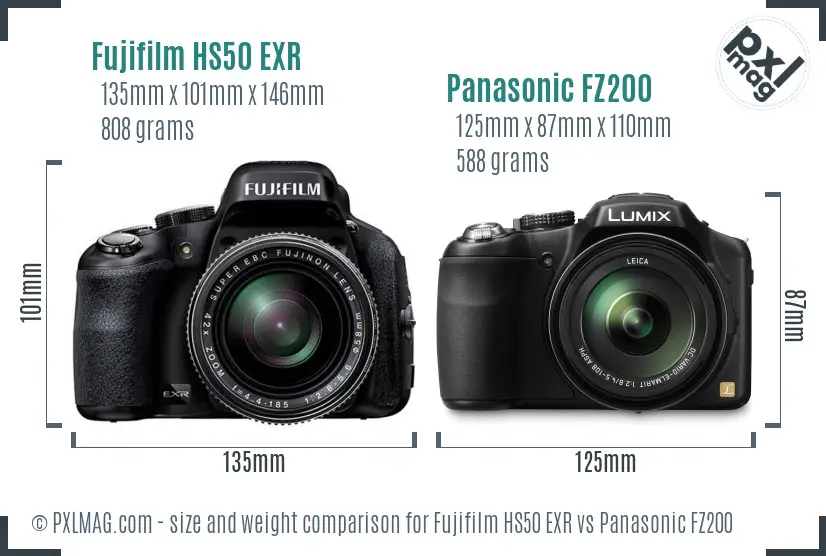 Fujifilm HS50 EXR vs Panasonic FZ200 size comparison
