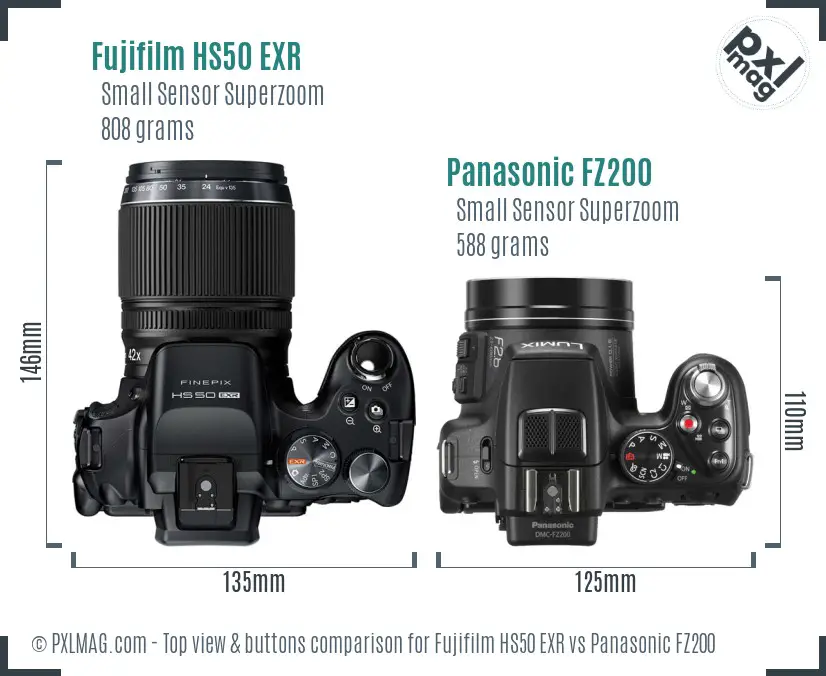 Fujifilm HS50 EXR vs Panasonic FZ200 top view buttons comparison