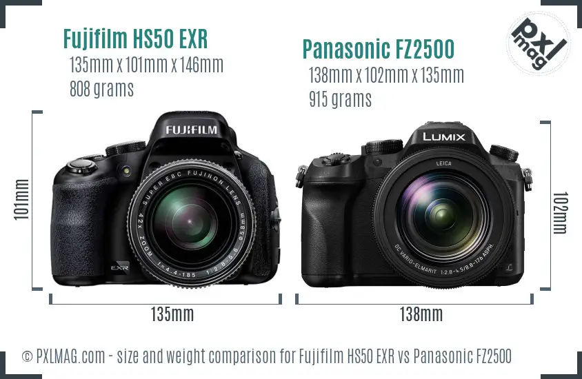 Fujifilm HS50 EXR vs Panasonic FZ2500 size comparison