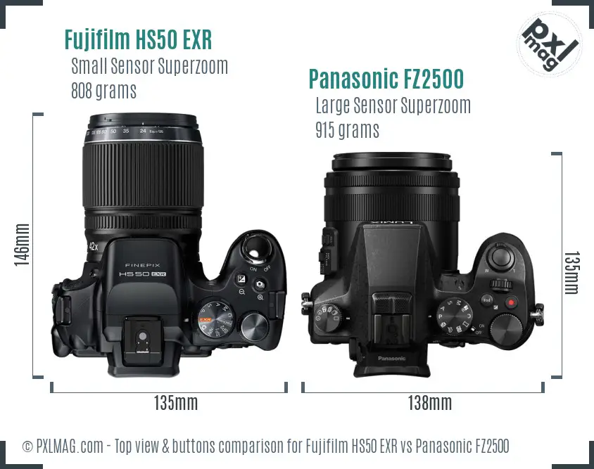 Fujifilm HS50 EXR vs Panasonic FZ2500 top view buttons comparison