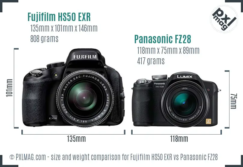 Fujifilm HS50 EXR vs Panasonic FZ28 size comparison