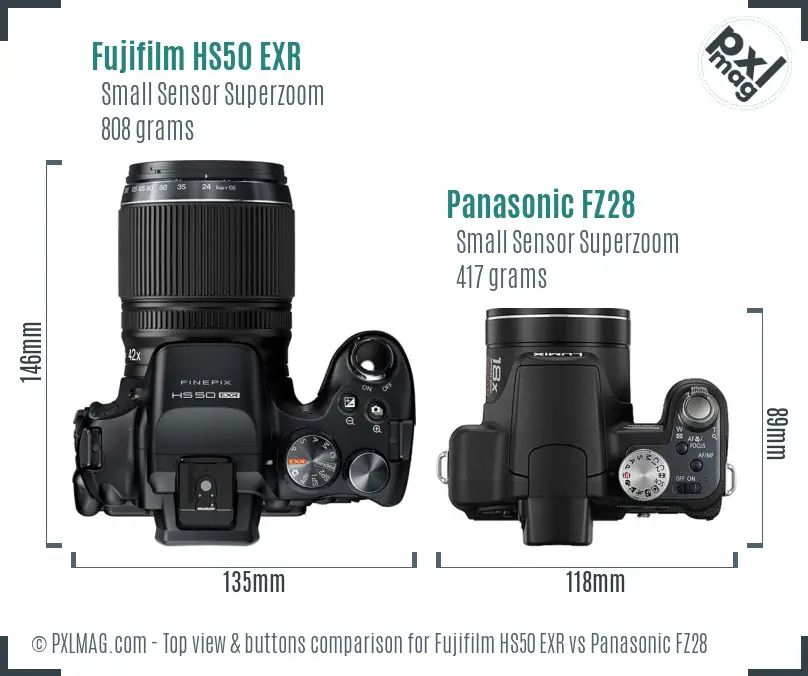 Fujifilm HS50 EXR vs Panasonic FZ28 top view buttons comparison