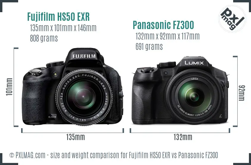 Fujifilm HS50 EXR vs Panasonic FZ300 size comparison