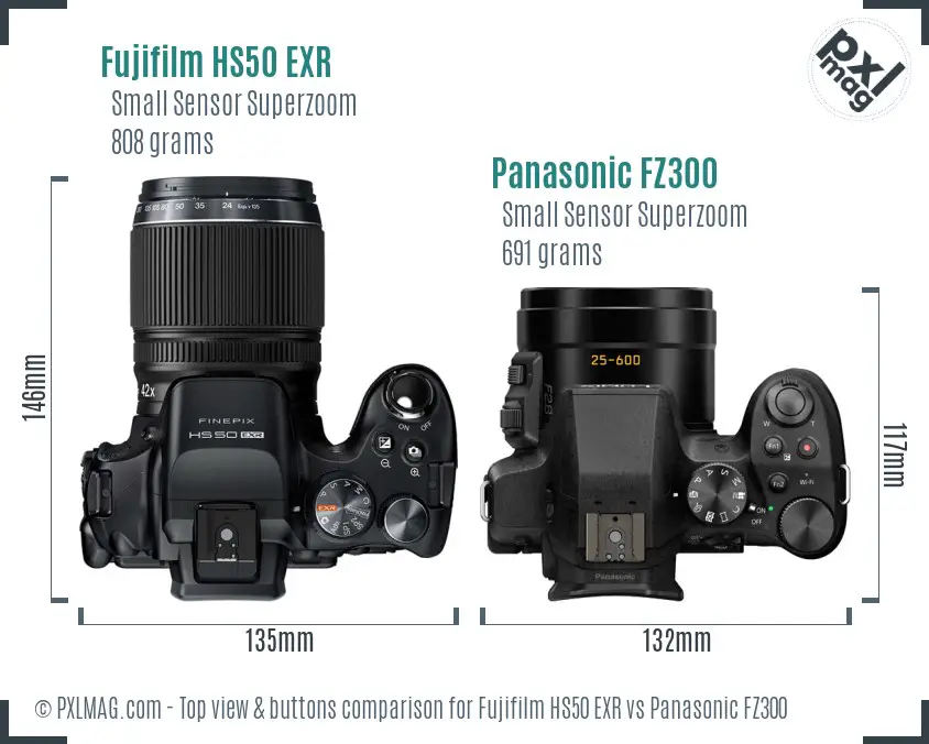 Fujifilm HS50 EXR vs Panasonic FZ300 top view buttons comparison