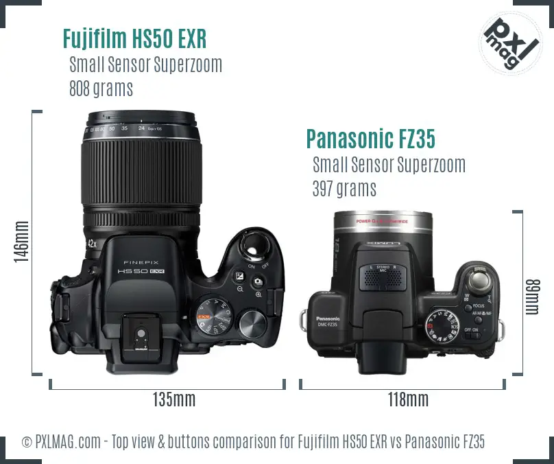 Fujifilm HS50 EXR vs Panasonic FZ35 top view buttons comparison