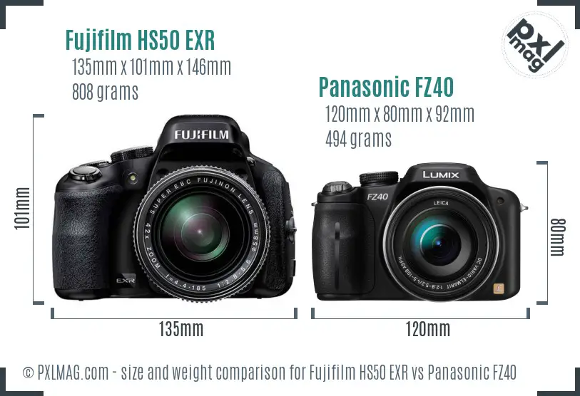 Fujifilm HS50 EXR vs Panasonic FZ40 size comparison