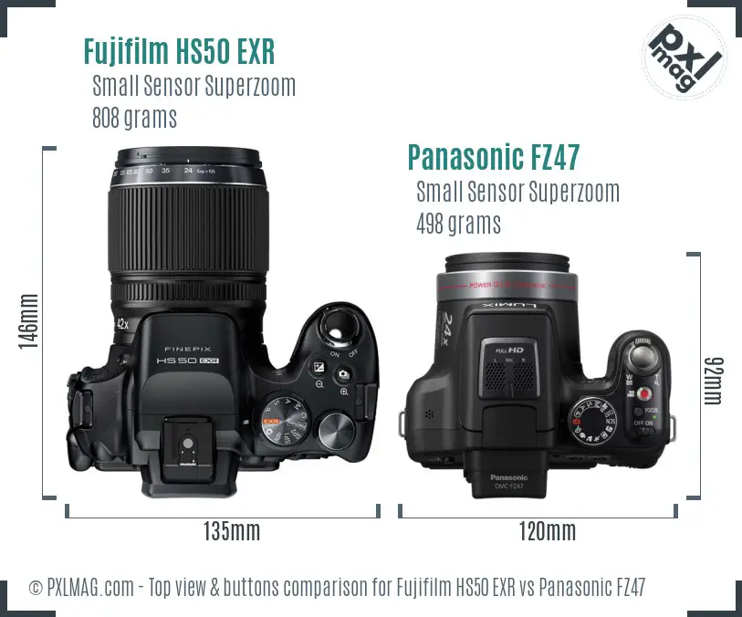 Fujifilm HS50 EXR vs Panasonic FZ47 top view buttons comparison
