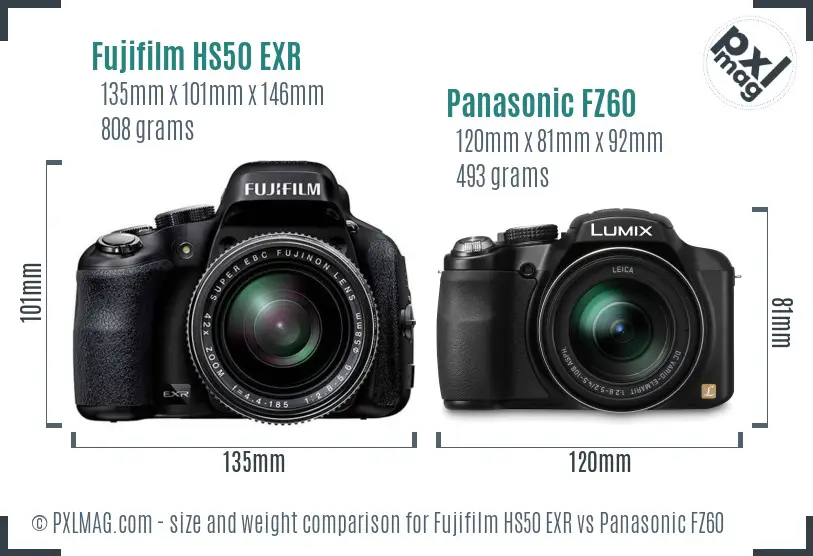 Fujifilm HS50 EXR vs Panasonic FZ60 size comparison