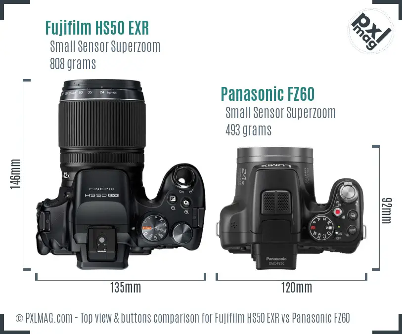 Fujifilm HS50 EXR vs Panasonic FZ60 top view buttons comparison