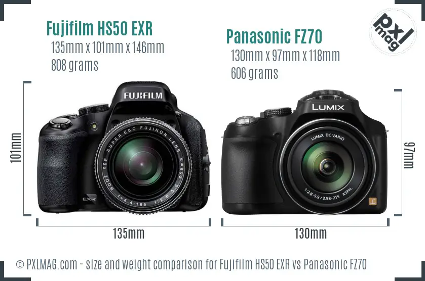 Fujifilm HS50 EXR vs Panasonic FZ70 size comparison