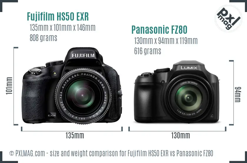 Fujifilm HS50 EXR vs Panasonic FZ80 size comparison
