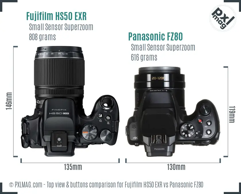 Fujifilm HS50 EXR vs Panasonic FZ80 top view buttons comparison