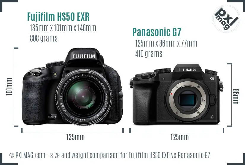 Fujifilm HS50 EXR vs Panasonic G7 size comparison