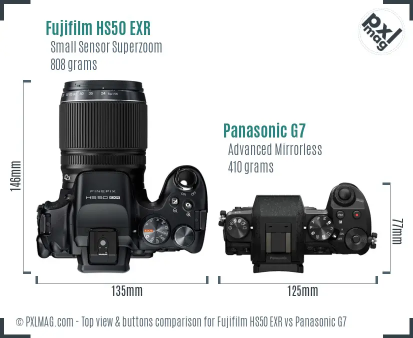 Fujifilm HS50 EXR vs Panasonic G7 top view buttons comparison