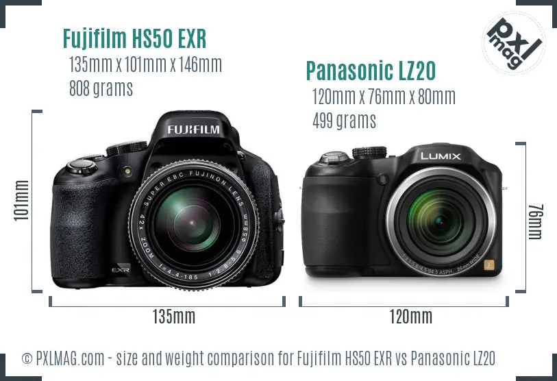 Fujifilm HS50 EXR vs Panasonic LZ20 size comparison