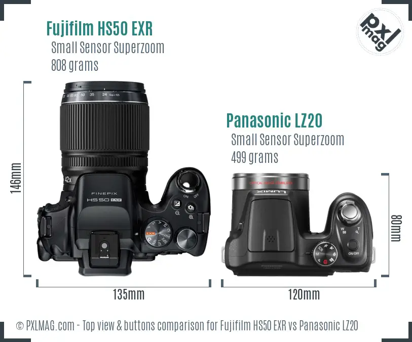 Fujifilm HS50 EXR vs Panasonic LZ20 top view buttons comparison