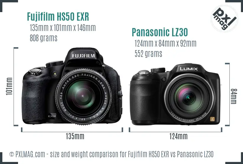 Fujifilm HS50 EXR vs Panasonic LZ30 size comparison