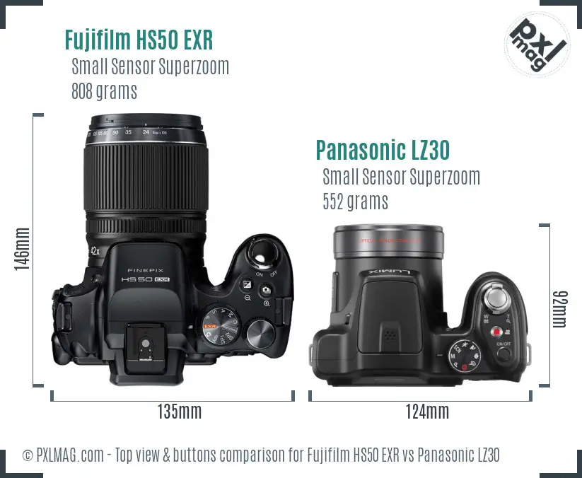 Fujifilm HS50 EXR vs Panasonic LZ30 top view buttons comparison