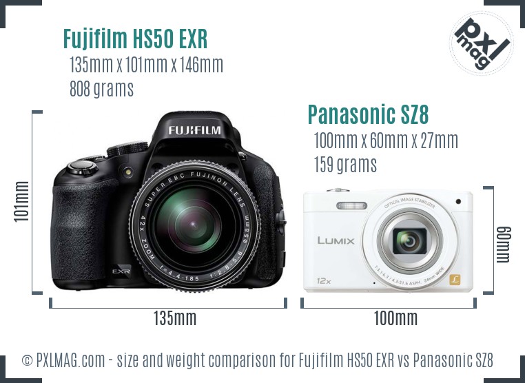 Fujifilm HS50 EXR vs Panasonic SZ8 size comparison