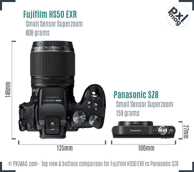 Fujifilm HS50 EXR vs Panasonic SZ8 top view buttons comparison