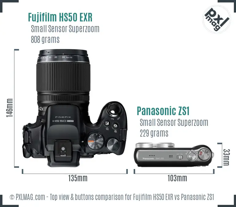 Fujifilm HS50 EXR vs Panasonic ZS1 top view buttons comparison