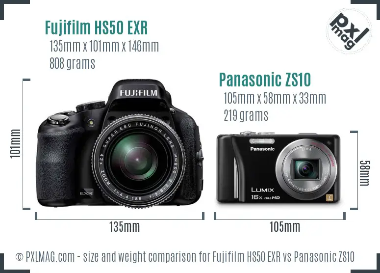 Fujifilm HS50 EXR vs Panasonic ZS10 size comparison