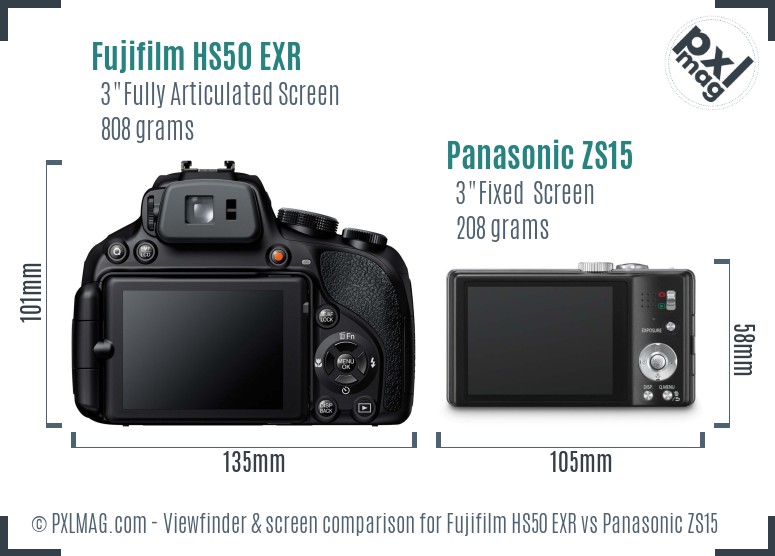 Fujifilm HS50 EXR vs Panasonic ZS15 Screen and Viewfinder comparison