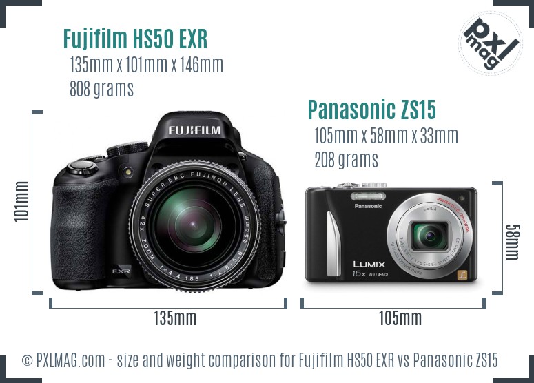 Fujifilm HS50 EXR vs Panasonic ZS15 size comparison