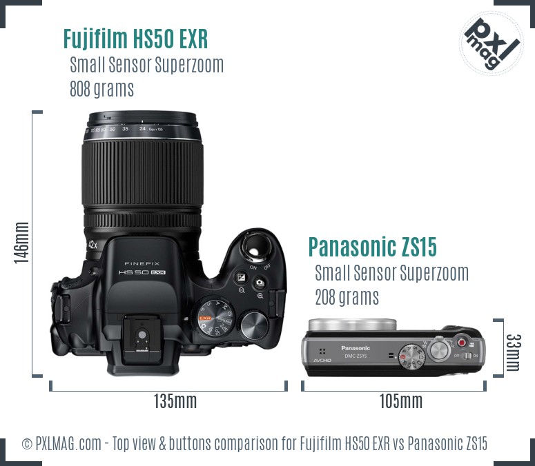 Fujifilm HS50 EXR vs Panasonic ZS15 top view buttons comparison