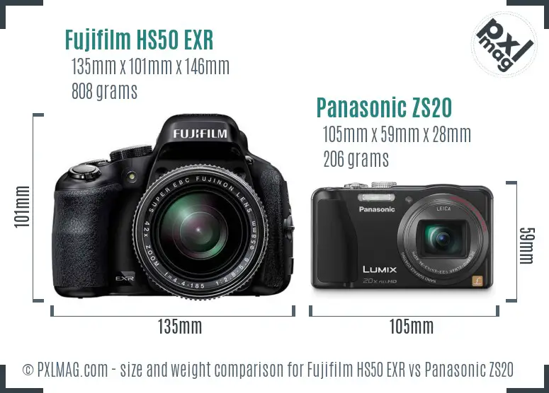 Fujifilm HS50 EXR vs Panasonic ZS20 size comparison